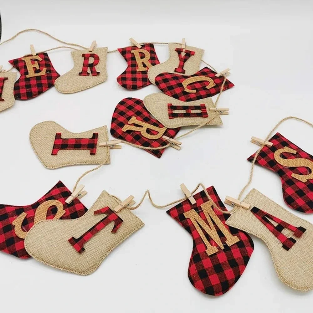 Merry Christmas Burlap Banner Red Buffalo Plaid Stocking Garland Rustic Decor